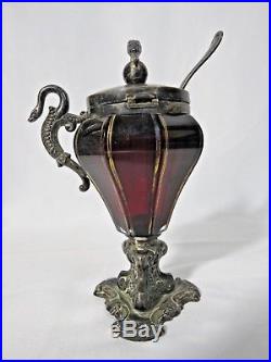 Victorian Cranberry Glass & Silver Plate Snake Handle Jar WithSterling Spoon