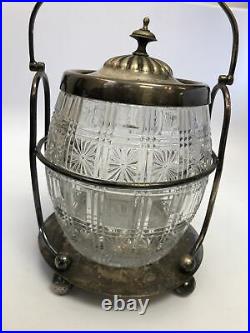 Victorian Crystal & Silver Plated Biscuit Jar with Handled Carrying Holder