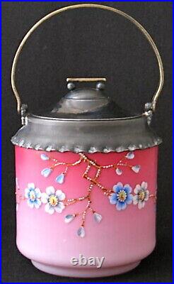 Victorian English art glass floral enameled pink to white cased biscuit jar