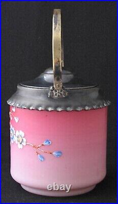 Victorian English art glass floral enameled pink to white cased biscuit jar