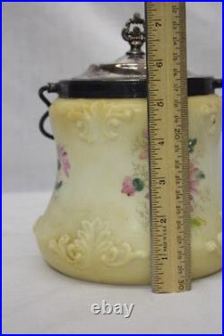 Victorian Hand Painted Enameled FLORAL Biscuit Jar withSilverplate Rim & Lid