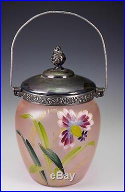 Victorian Hand Painted Floral Glass Metal Mounted Handle Cracker Jar