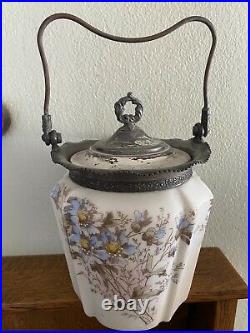 Victorian Hand Painted Opal Ware Biscuit Jar Hand Painted Blue Flowers Wavecrest