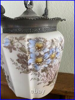 Victorian Hand Painted Opal Ware Biscuit Jar Hand Painted Blue Flowers Wavecrest