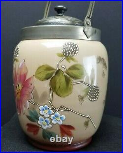Victorian Hand-painted Enamel Glass Biscuit JAR Handled Floral 6 T x 5 W