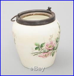 Victorian Milk Glass Biscuit Jar Metal Rim & Handle Hand Painted Flowers Larkin