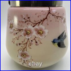 Victorian Opal Ware Biscuit Jar Pink Ombré Hand Painted Cherry Blossom Bird