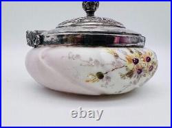Victorian Signed WAVE CREST Milk Glass 5-1/2 Sweet Meat Jar Basket Silverplate