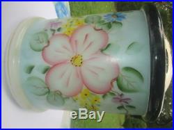 Victorian Vibrant Enamel Flowers Milk Glass Biscuit Jar Silver Plate Handle LID