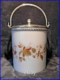 Victorian art glass cracker jar pink cased enameled silver handled jar