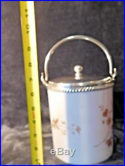 Victorian art glass cracker jar pink cased enameled silver handled jar