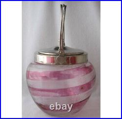 Victorian enameled magenta stained optic swirl biscuit jar, 6 d