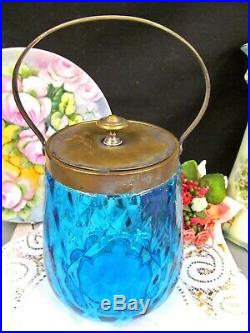 Vintage 1920s blue glass & metal large biscuit holder tea caddy brass handle