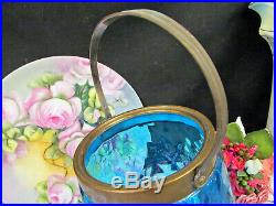 Vintage 1920s blue glass & metal large biscuit holder tea caddy brass handle