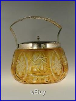 Vintage 1930s Amber Glass Basket Jar Cut to Clear Metal Lid Handle Bohemian 30s