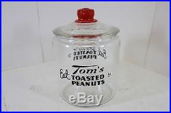 Vintage 1930s Tom's Roasted Peanuts 5c Glass Jar with Red Embossed Lid Handle