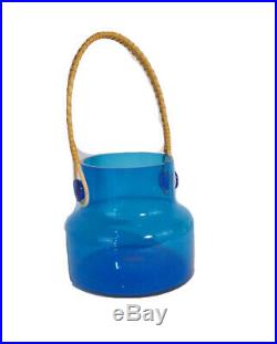 Vintage 1960s Takahashi Clear Blue Glass Cork Jar with Rattan Handle