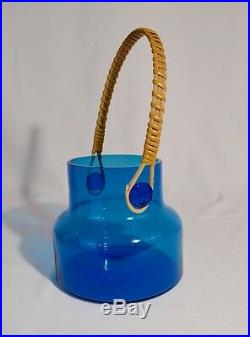 Vintage 1960s Takahashi Clear Blue Glass Cork Jar with Rattan Handle