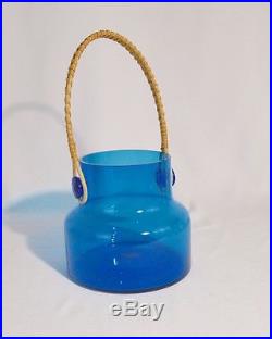 Vintage 1960s Takahashi Clear Blur Glass Cork Jar with Rattan Handle