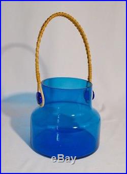 Vintage 1960s Takahashi Clear Blur Glass Cork Jar with Rattan Handle