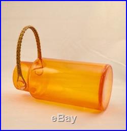 Vintage 1960s Takahashi Clear Orange Glass Cork Jar with Rattan Handle