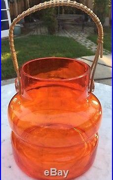 Vintage 1960s Takahashi Large Clear Orange Glass Cork Jar with Rattan Handle