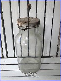 Vintage 1965 Owens Illinois Duraglass 5 Gallon Glass Picket Jar Lid Wood Handle