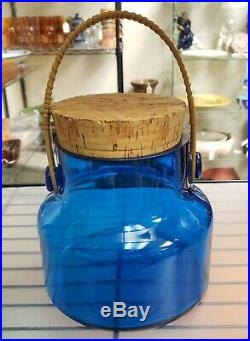 Vintage 1970's Takahashi Cobalt Glass Cork Lidded Jar with Wicker Handle