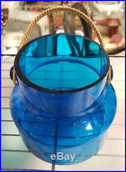Vintage 1970's Takahashi Cobalt Glass Cork Lidded Jar with Wicker Handle