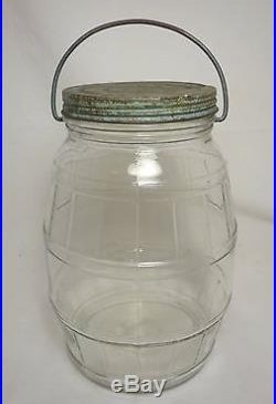 Vintage 1 Gallon Glass Barrel Pickle Jar with Metal Screw Top Lid & Bale Handle