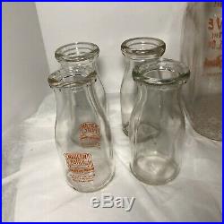 Vintage 1 Gallon Glass Milk Jug & Wire Handle With 4 Half Pint Milk Glass Jars
