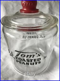 Vintage 40s Toms Toasted Peanuts 5c Glass Jar Lid Red Embossed Handle Display