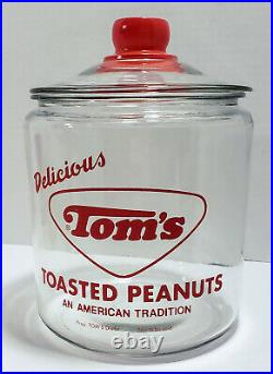 Vintage 50's Tom's Toasted Peanut Glass Jar Red Lettering & Red Handled Lid