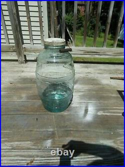 Vintage 5 Gallon Glass Wide Mouth Pickle Jar Water Bottle Lid & handle Green