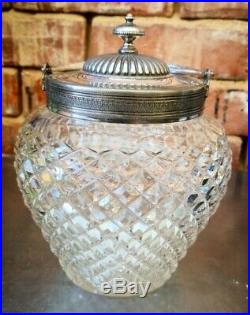 Vintage Antique Crystal Biscuit Jar With Engraved Silver Plate Top And Handle