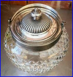 Vintage Antique Crystal Biscuit Jar With Engraved Silver Plate Top And Handle