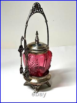 Vintage Antique Ruby Cranberry Pickle Caster Jar Marked 1915 Victorian