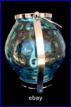 Vintage Art Glass Vase Jar Shaped Torques with Handle &Trim Stainless Steel Decor