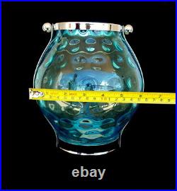 Vintage Art Glass Vase Jar Shaped Torques with Handle &Trim Stainless Steel Decor