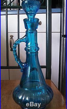 Vintage BLUE GLASS Genie Bottle DECANTER Handle Carafe JAR CRUET Bar