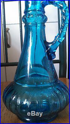 Vintage BLUE GLASS Genie Bottle DECANTER Handle Carafe JAR CRUET Bar