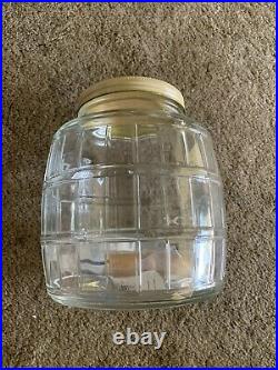 Vintage Barrel Glass Pickle Jar Tan Metal Lid Wire Bail Wooden Handle 8 Inches