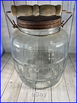 Vintage Block Glass Pickle Jar 3 Gal Antique General Store Wire Bale Handle Lid