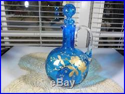Vintage Blue Glass Moser Hand Painted Cruet Jar w Applied Glass Handle