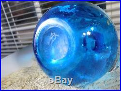 Vintage Blue Glass Moser Hand Painted Cruet Jar w Applied Glass Handle