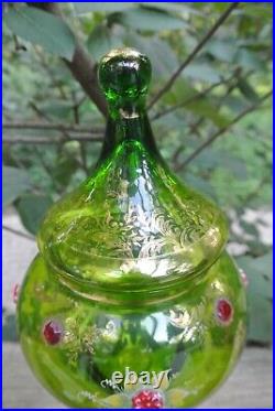 Vintage Bohemian Czech Floral Lidded Glass Jar Emerald Green Gold 12-1/4 Tall