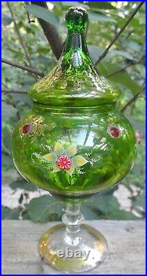 Vintage Bohemian Czech Floral Lidded Glass Jar Emerald Green Gold 12-1/4 Tall