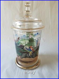 Vintage Bohemian Hand Painted Glass Biscuit Jar With LID Horse Racing Scene