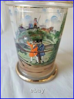 Vintage Bohemian Hand Painted Glass Biscuit Jar With LID Horse Racing Scene