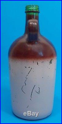 Vintage Brown Top Jug Green Glass Bottle With Handle 8-1/2 Tall (a)